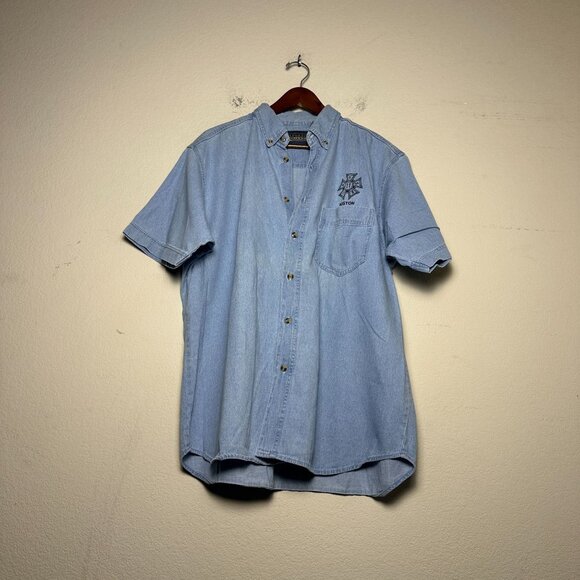 VTG Harvard Square Boston Logo Ivy Prep Embroidered Denim Shirt Men L Blue - Picture 1 of 9